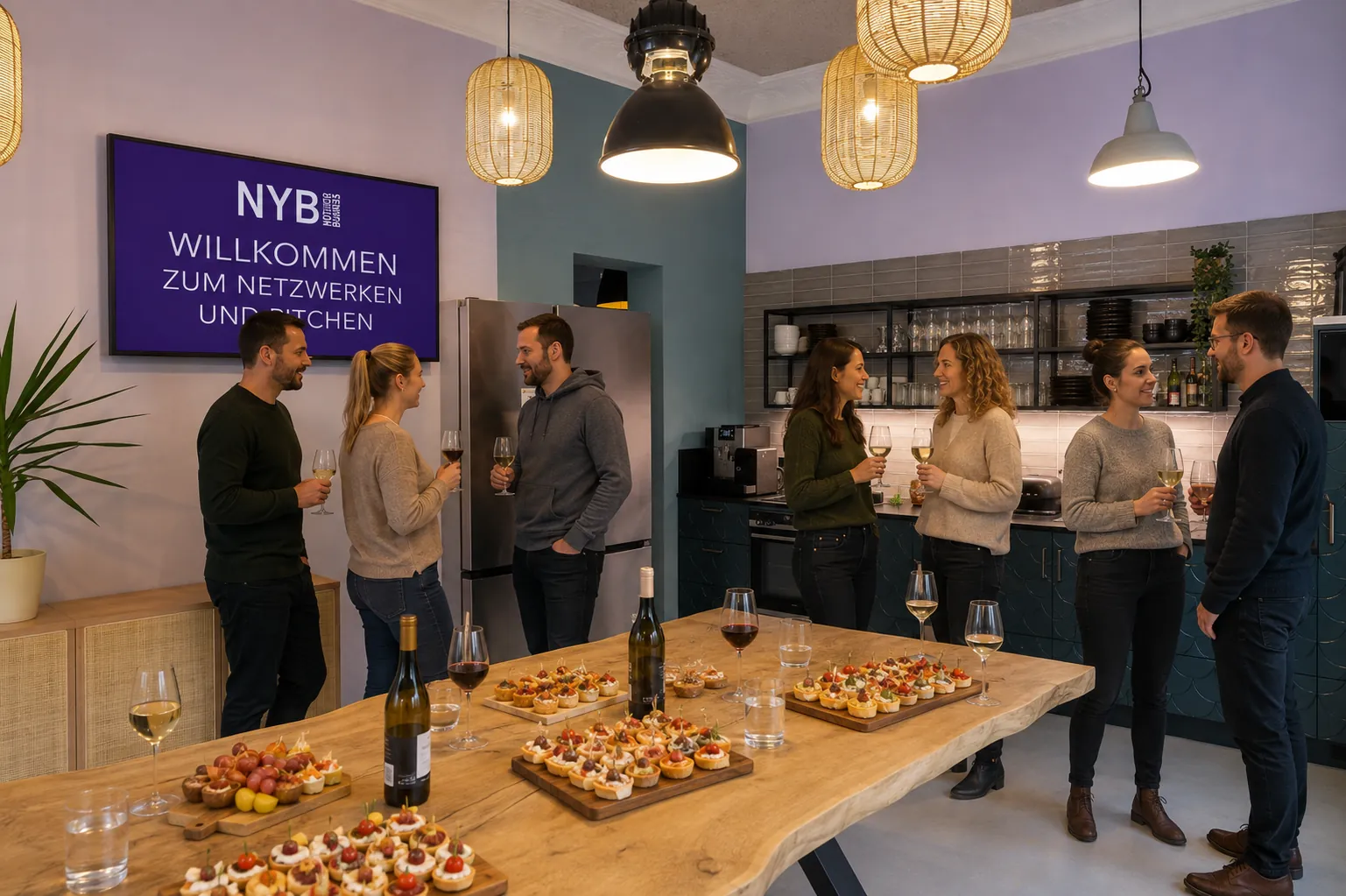 Abendliche Runde in offener Küche mit Fingerfood