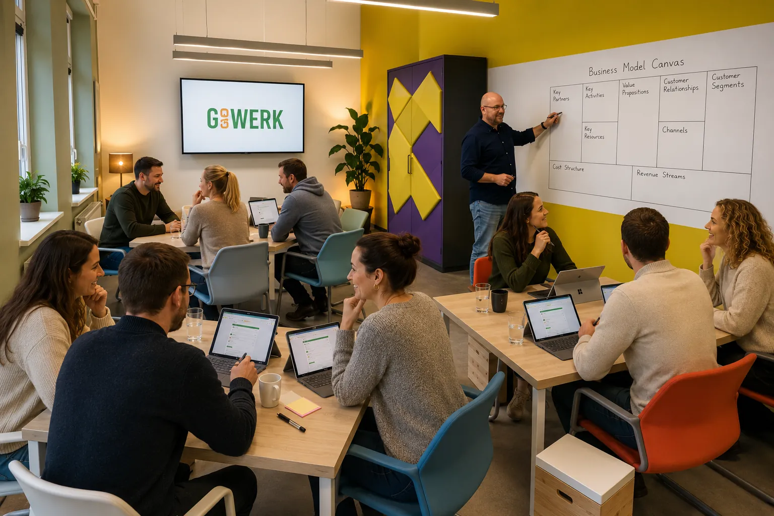 Arbeitsgruppen an drei Tischinseln mit Whiteboard